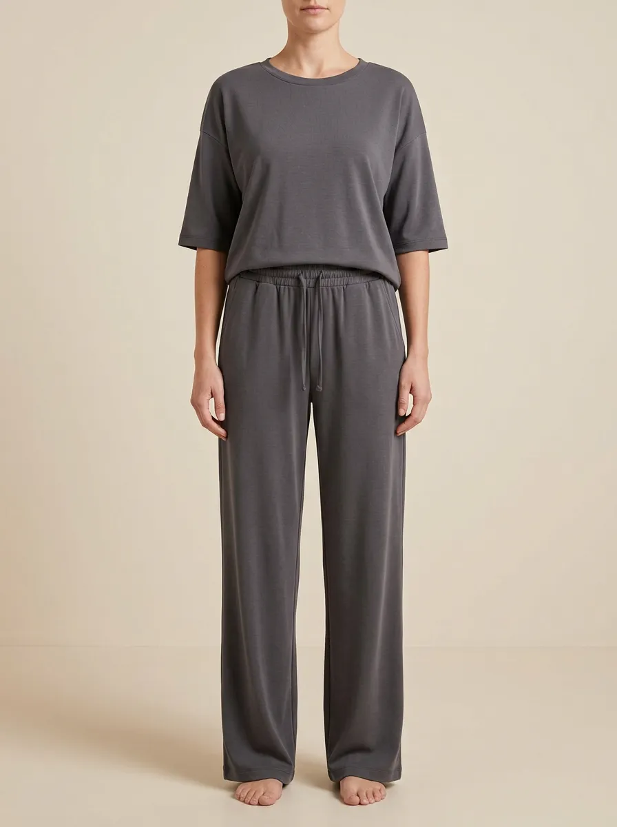 Women's Elbow-Sleeve Crewneck Top And Drawstring Straight-Leg Trouser Lounge Set