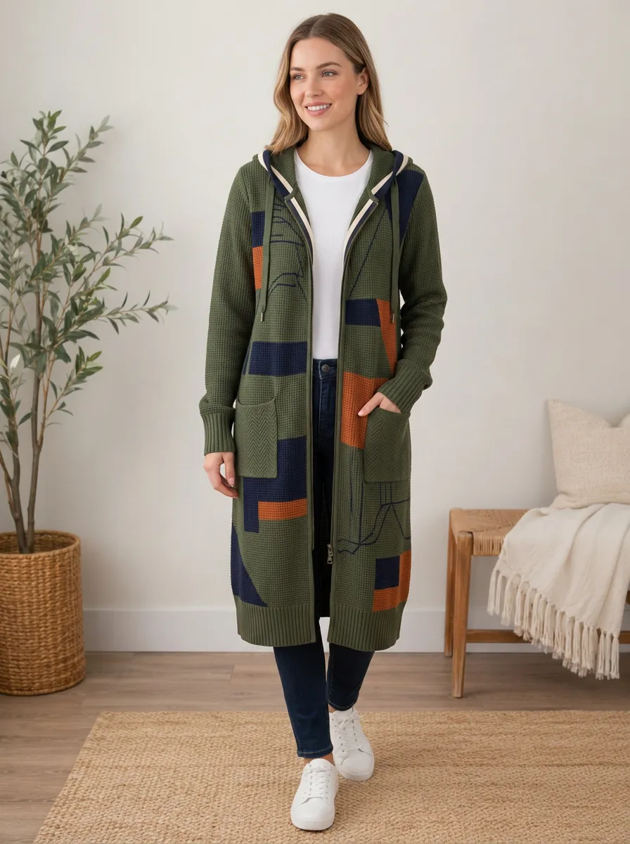 Women's Geometric Colorblock Waffle Knit Hooded Cardigan