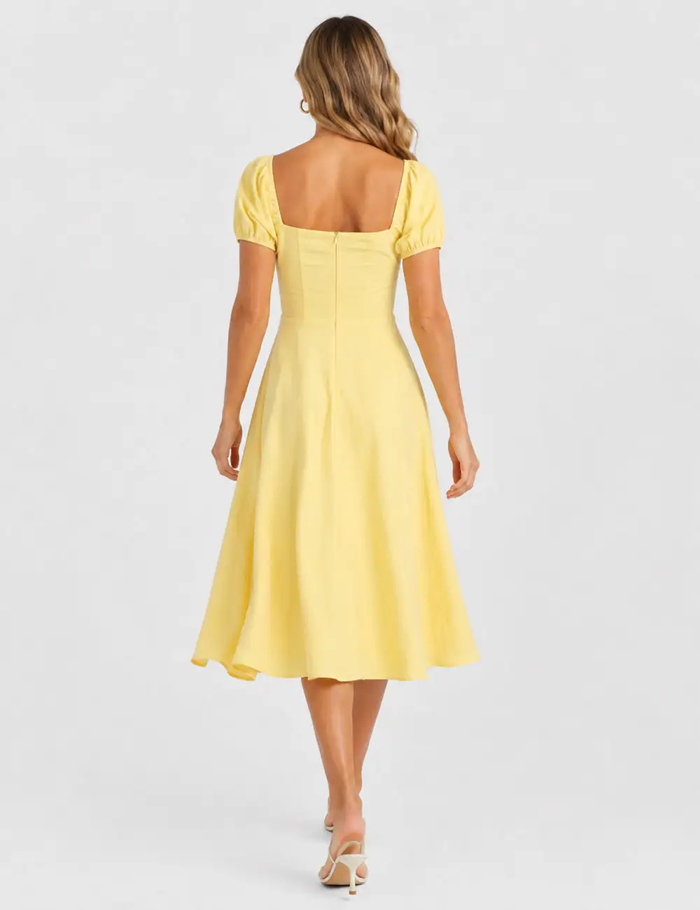 Bow Square Neck Solid Color Short Sleeves Midi Dress