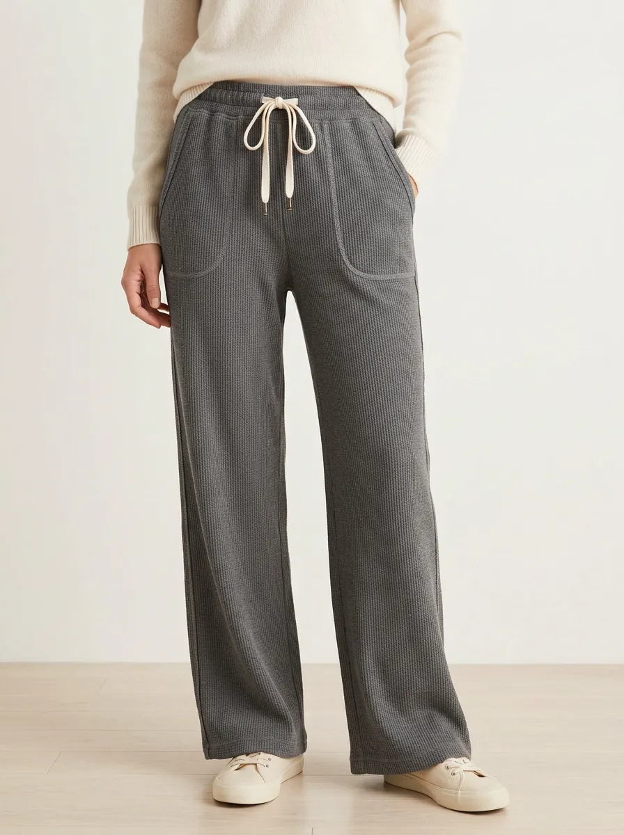 Women's Casual Lounge Waffle Knit Drawstring Wide Leg Pants