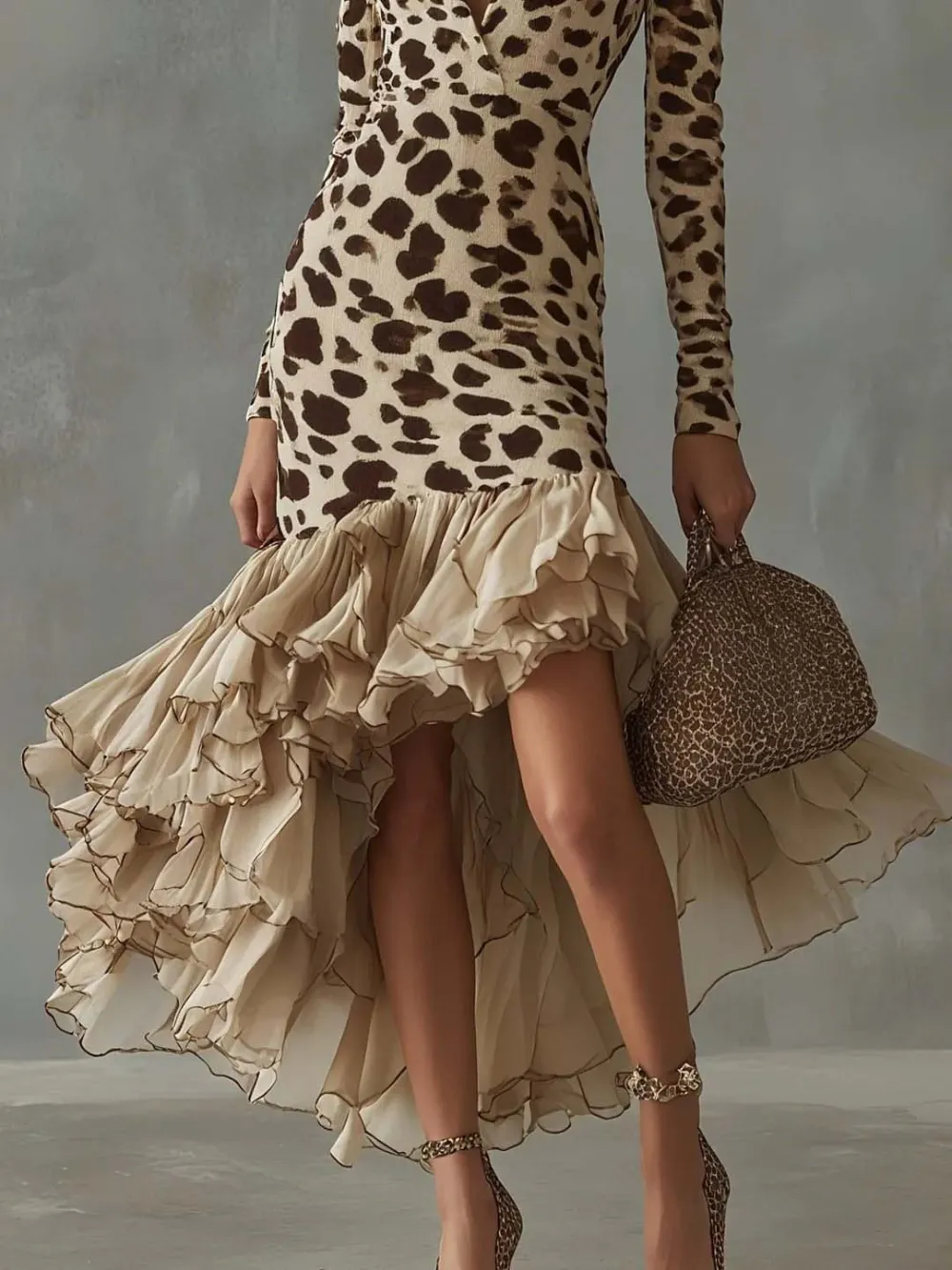 Ruffle V Neck Print Maxi Dress