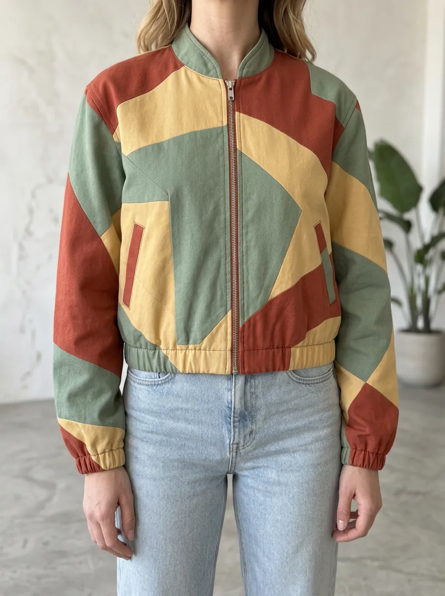 Women's Contemporary Geometric Colorblock Bomber Jacket