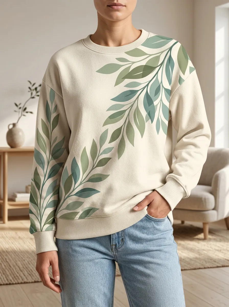 Women's Leaf Print Crewneck Sweatshirt Leaf Print Relaxed Fit