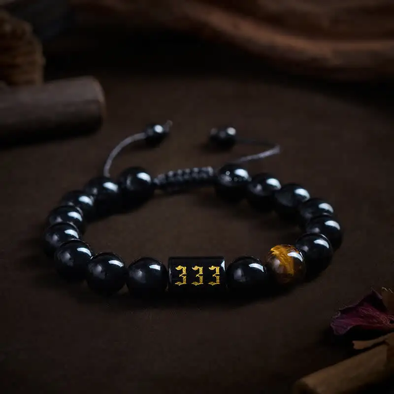 Angel Number Natural Obsidian Tiger Eye Fulfillment Bracelet