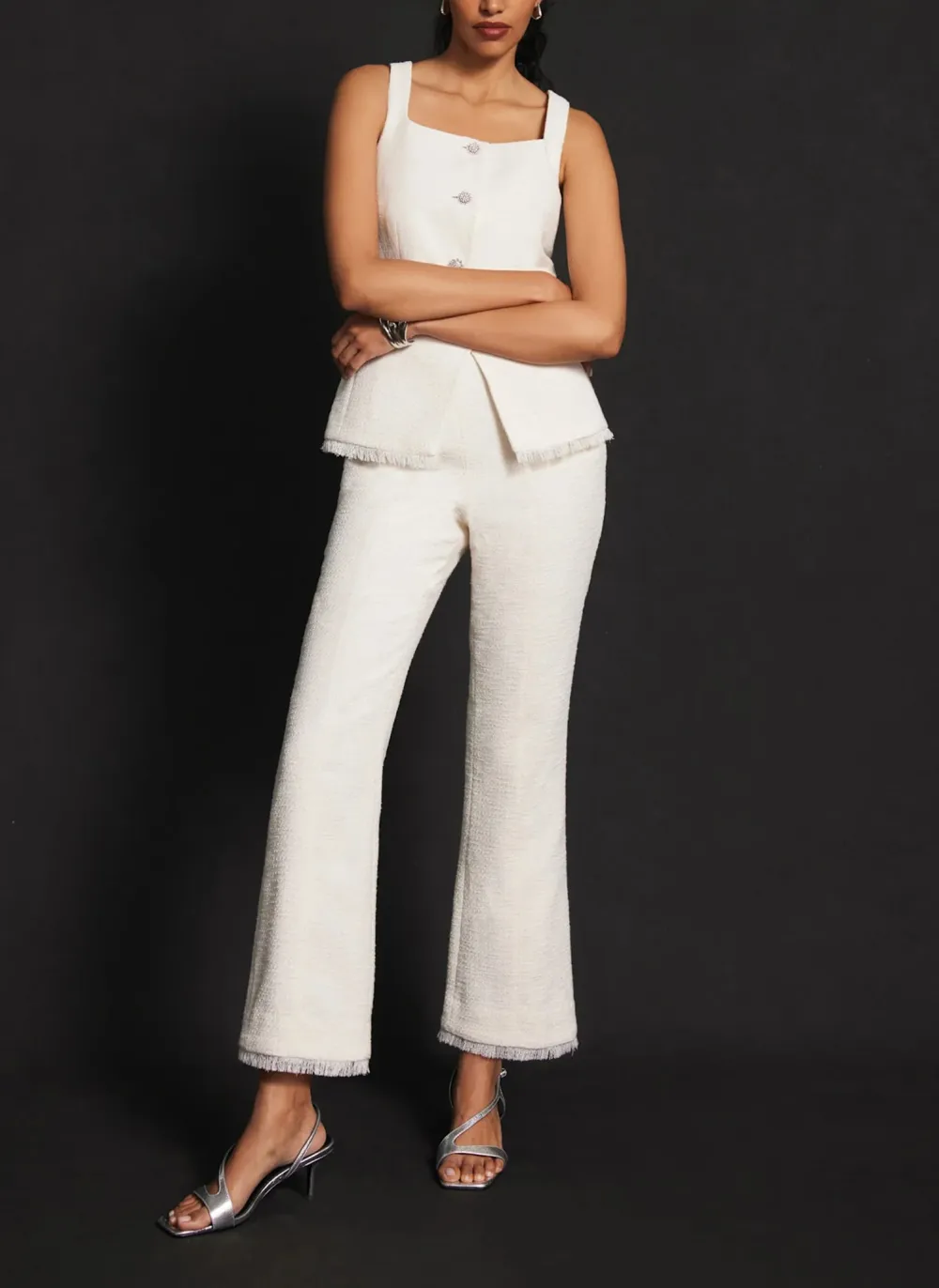Casual Style Cream Boucle Kick Flare Trousers