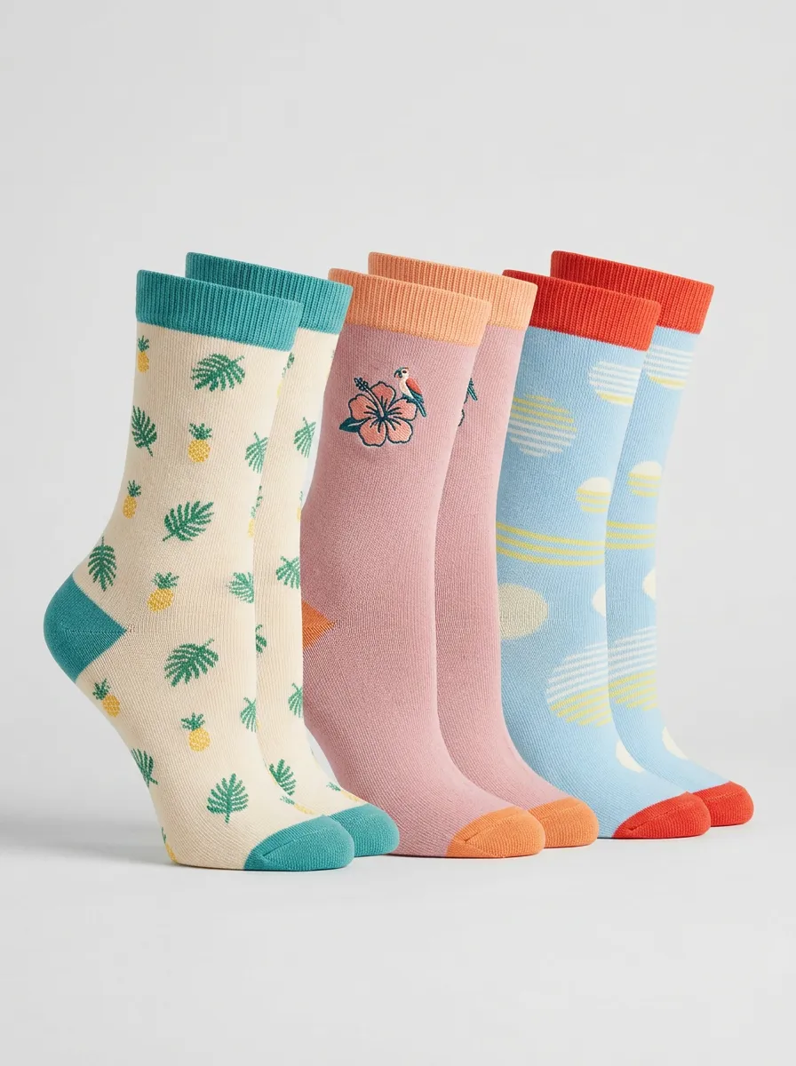 Fruit Pattern Tropical Embroidered Detail 3-Pair Mid-Calf Athletic Socks