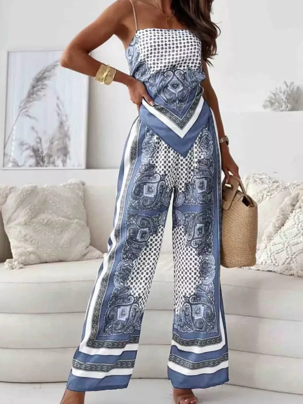 Printed Cami and Wide Leg Pants Set