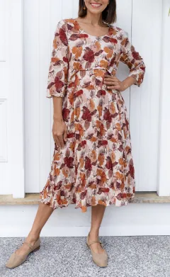 Floral Rayon Pocket Round-Neck Three-Quarter-Sleeve A-Line Below-Knee Dress