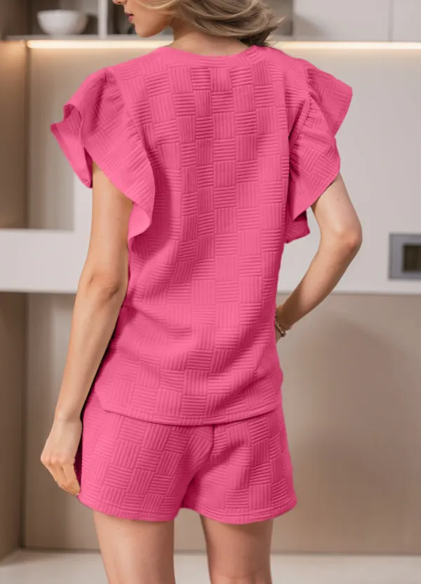 Women's Textured Ruffled Sleeve Tee and Drawstring Elastic Waistband Shorts Set