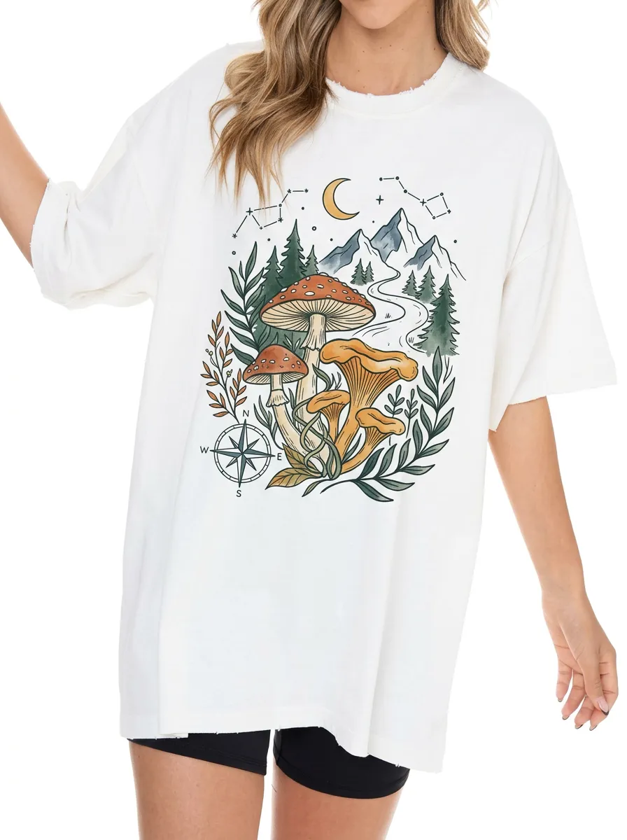 Women's Nature Mushroom Mountain Compass Graphic T-Shirt