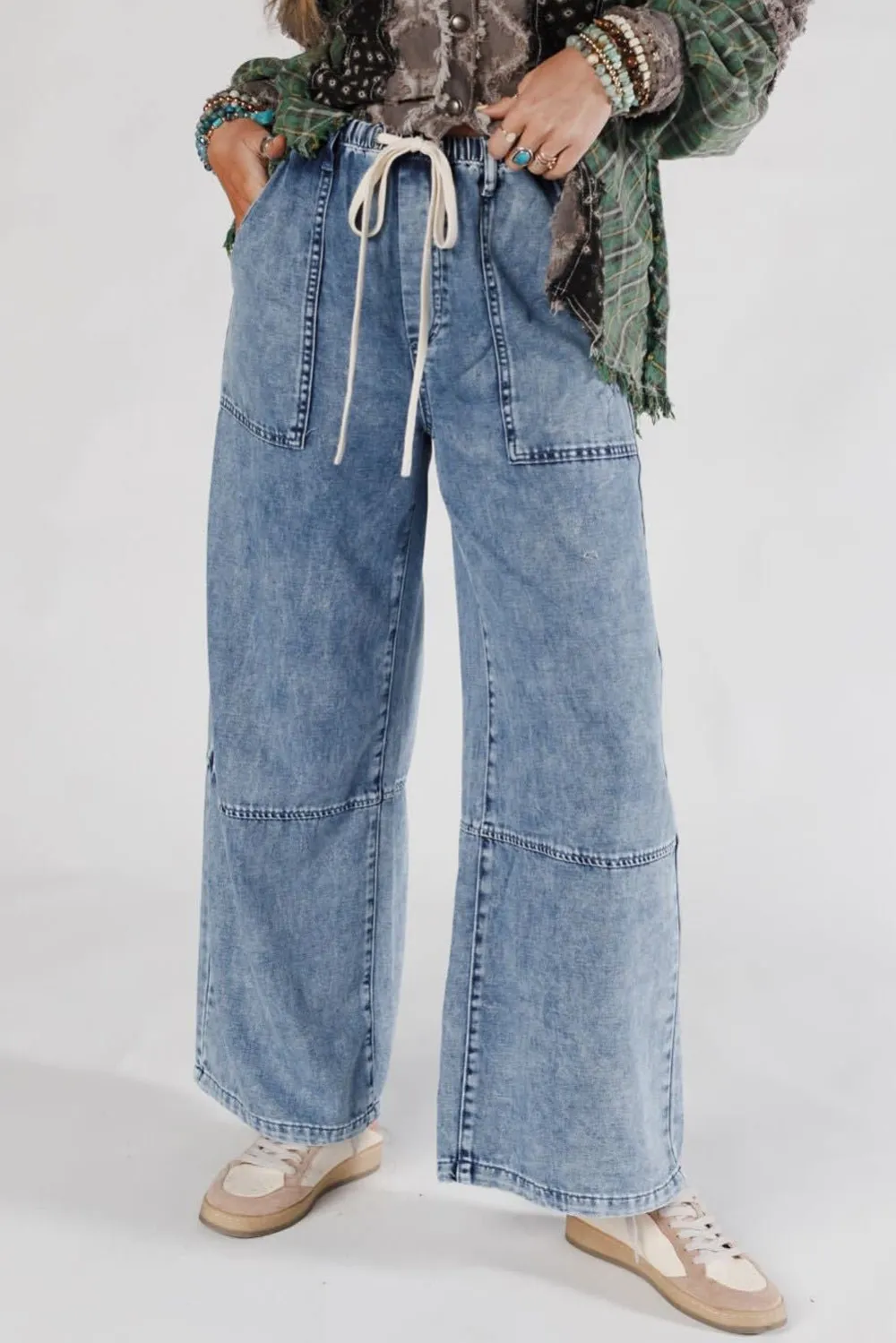 High Waist Drawstring Pocketed Seam Detail Casual Jeans