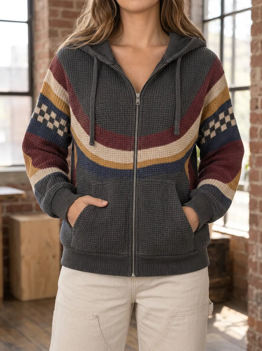Women's Boho Striped Signature Pattern Waffle Zip-Up Hoodie