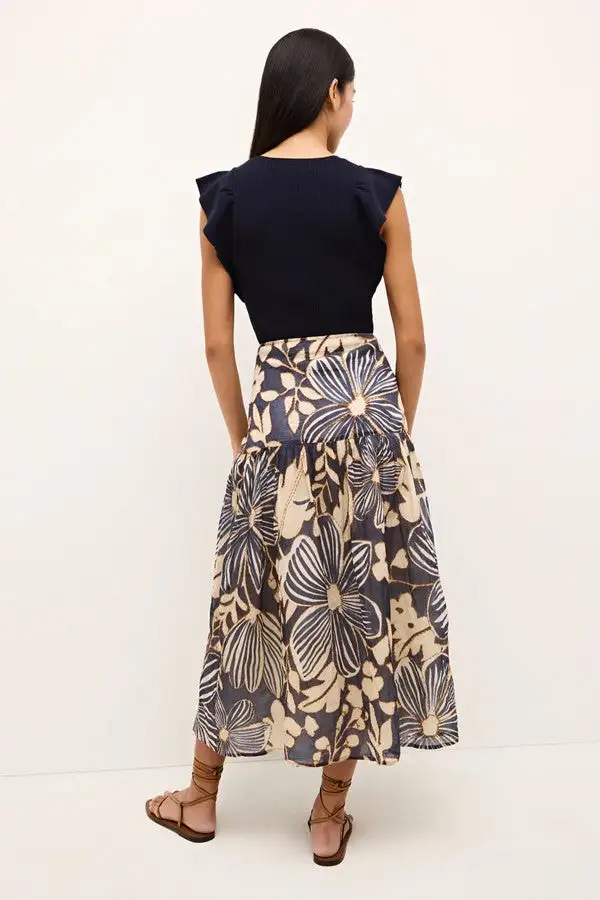 Navy Floral Print Tiered Maxi Skirt