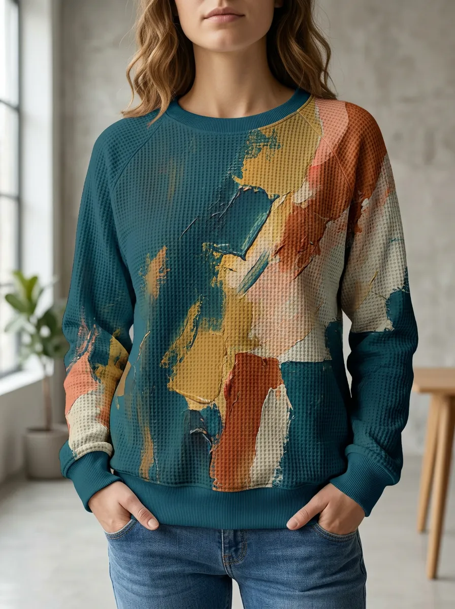 Women's Abstract Oil Painting Art Printed Waffle Knit Sweatshirt