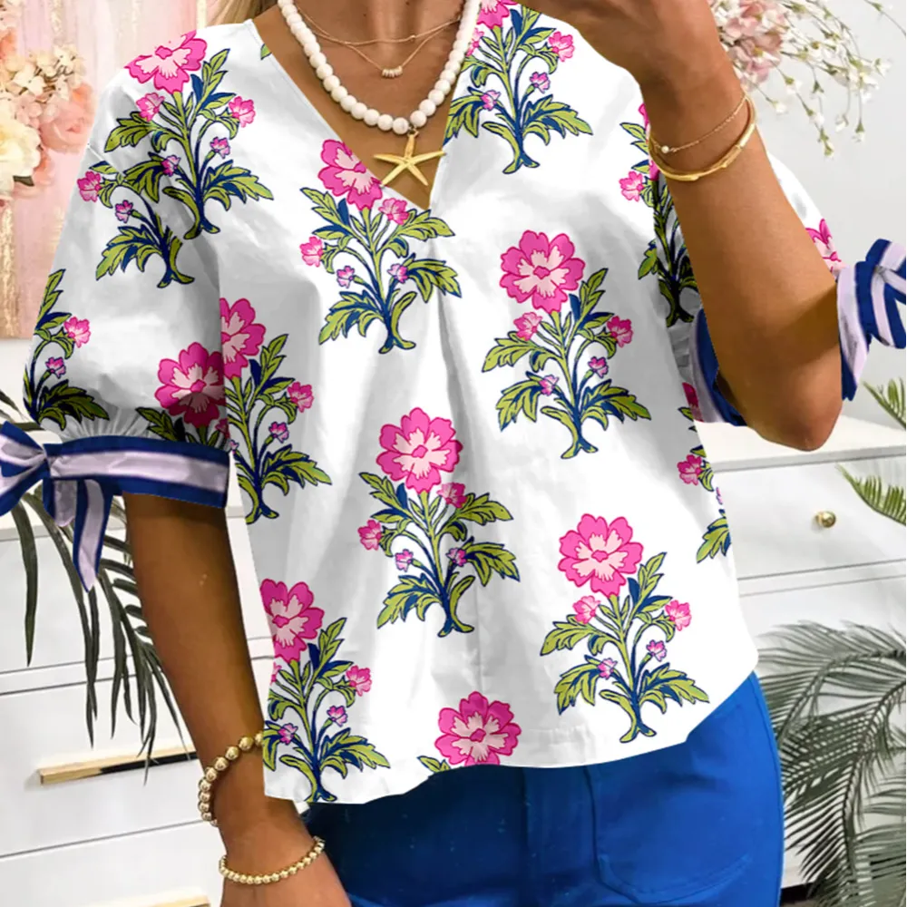 Striped Floral Tie Detail Blouse