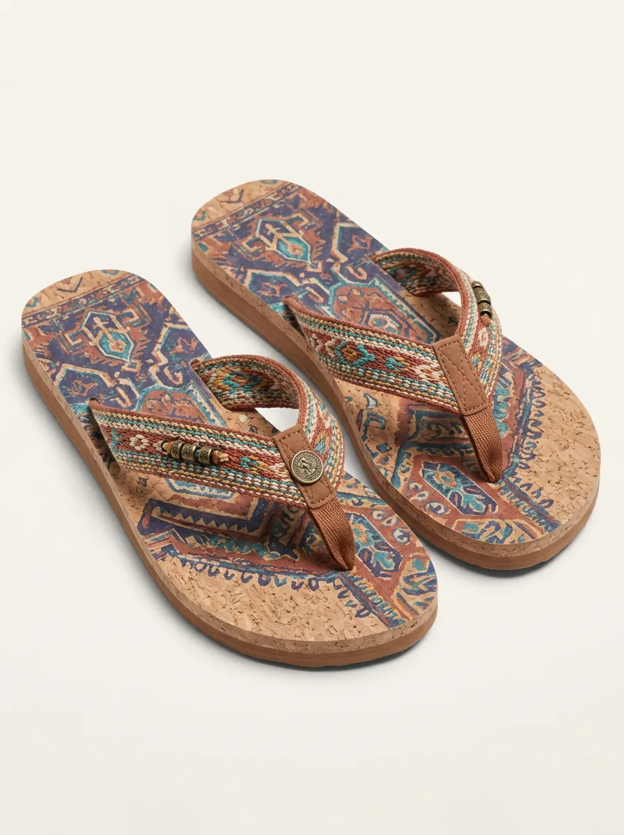 Women's Bohemian Style Tribal Pattern Cork Printed Flip Flops