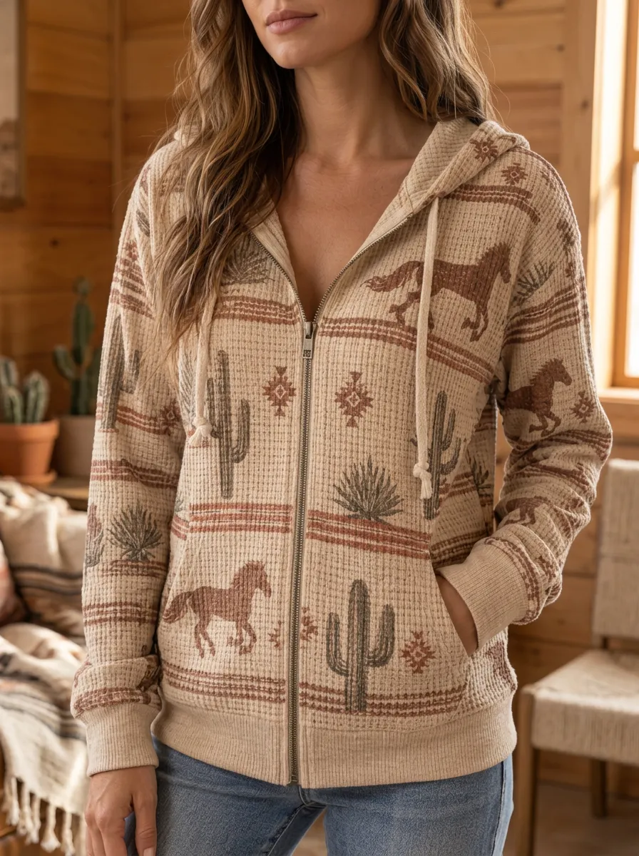 Women's Western Horse Cactus Print Waffle Knit Zip Up Hoodie