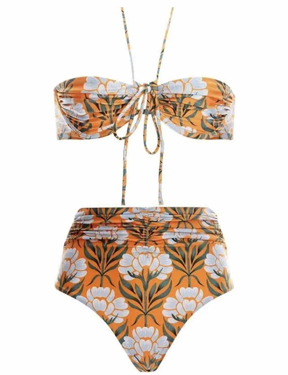 String Tie Floral Print Two Piece Bikini Set with Sarong