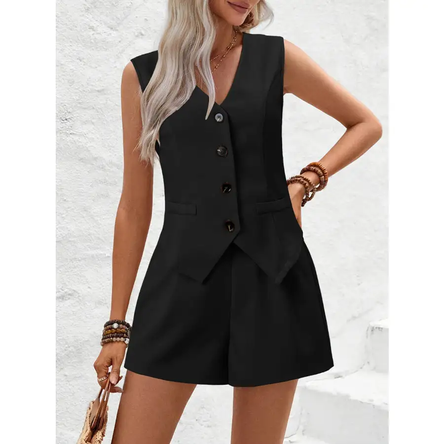V Neck Button Down Vest and Shorts Set