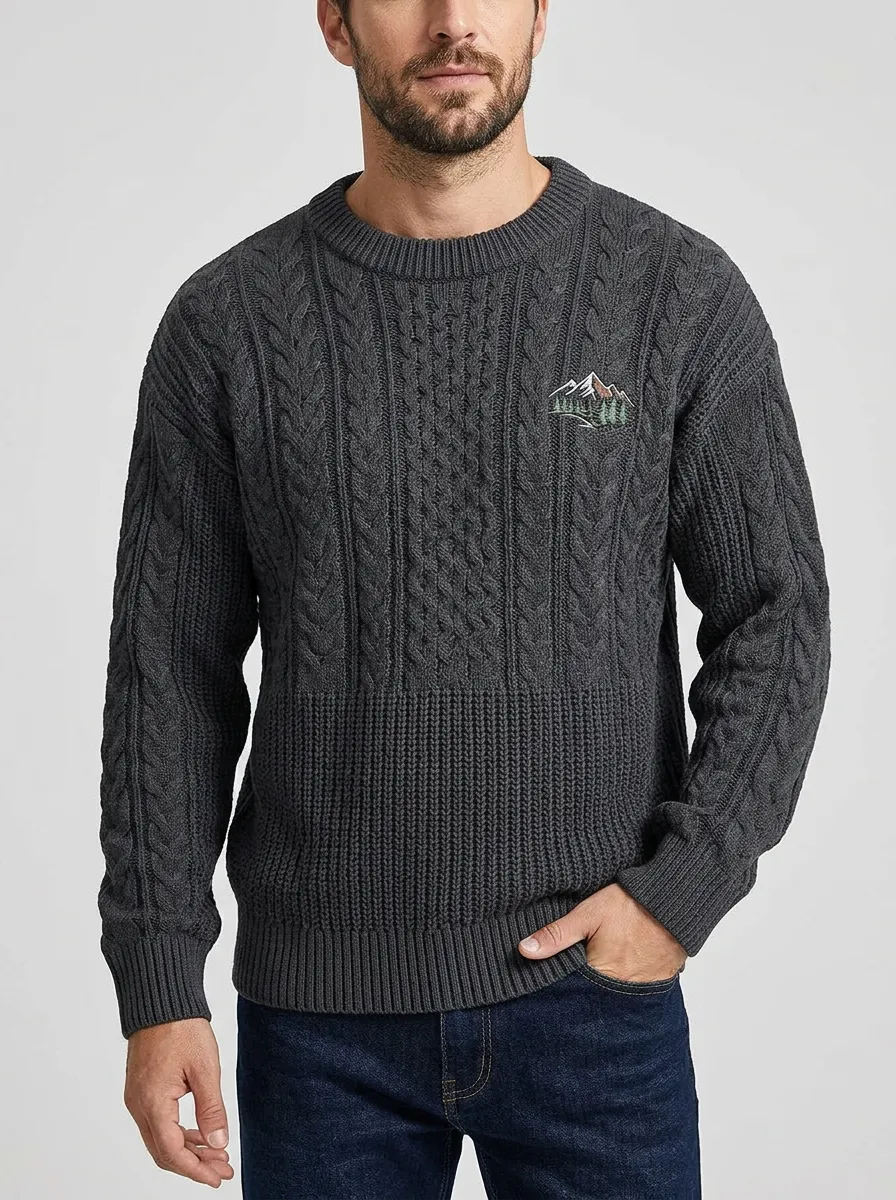 Men's Charcoal Nature Mountain Forest Embroidered Knit Sweater