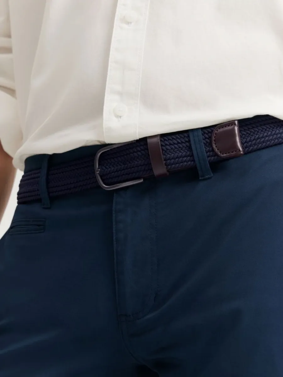 Navy Woven Belt with Leather Accents