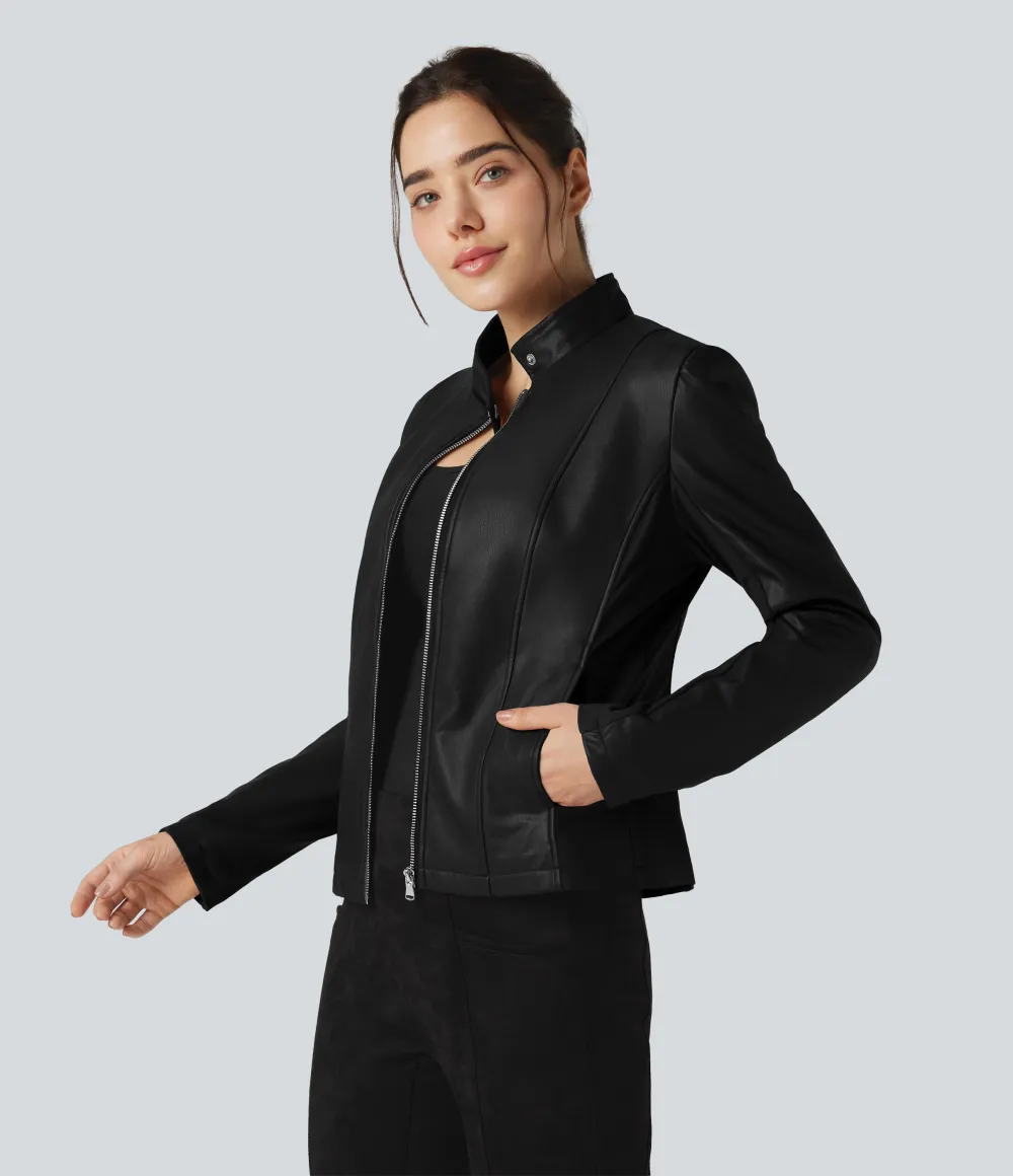 Stand Collar Zipper Long Sleeve Fleece Casual PU Faux Leather Jacket with Pockets