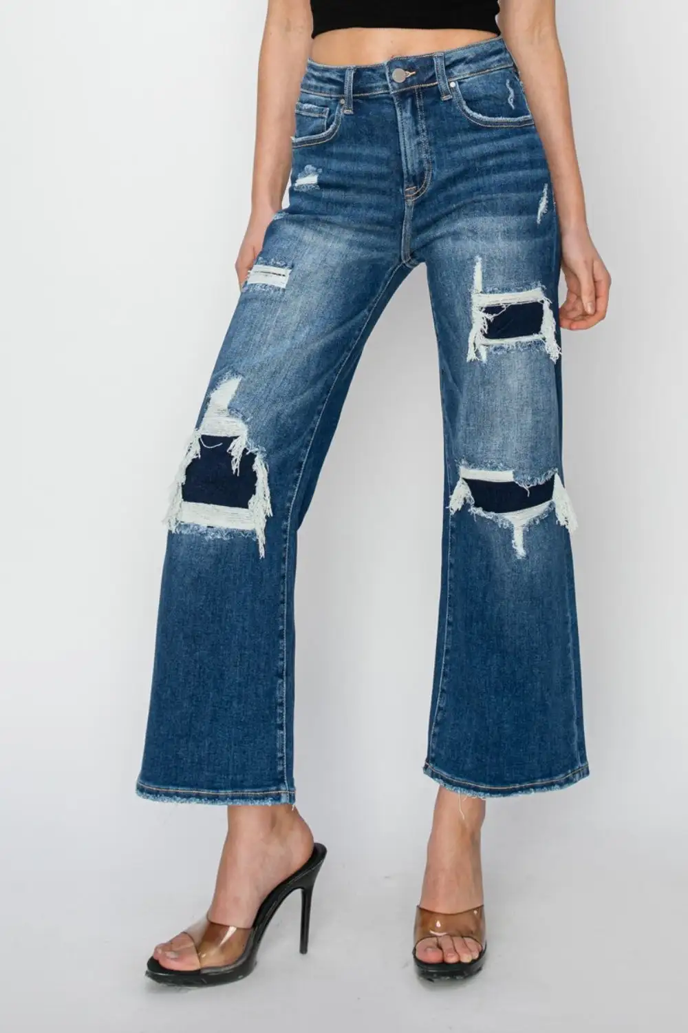 High Rise Patch Detailed Wide Leg Denim Jeans