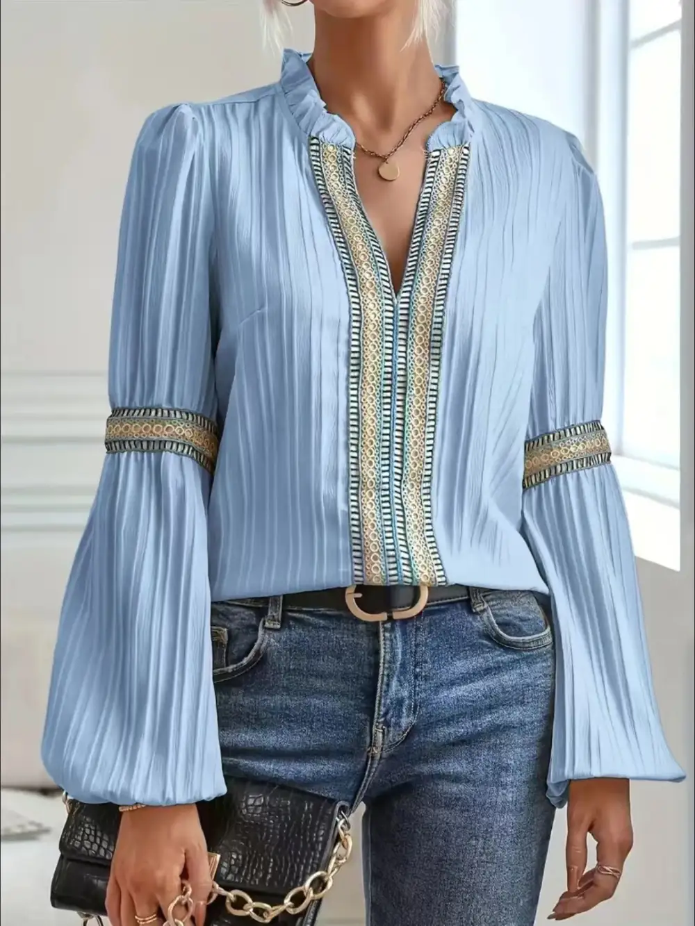 Refined Notched-Neck Balloon-Sleeve Blouse