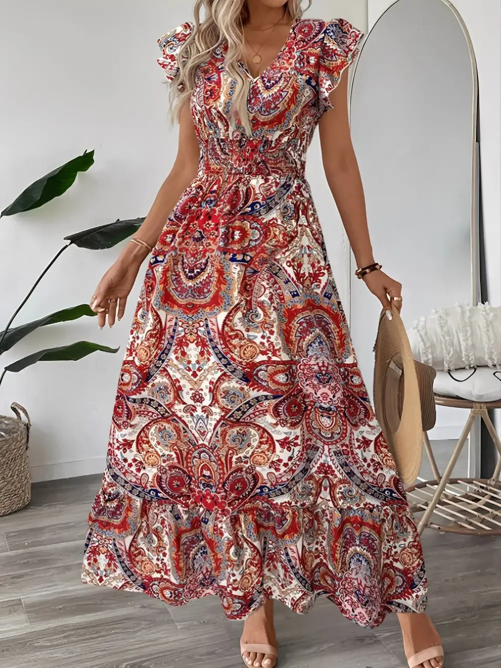 Boho Floral V-Neck Ruffle-Sleeve Smocked Maxi Dress