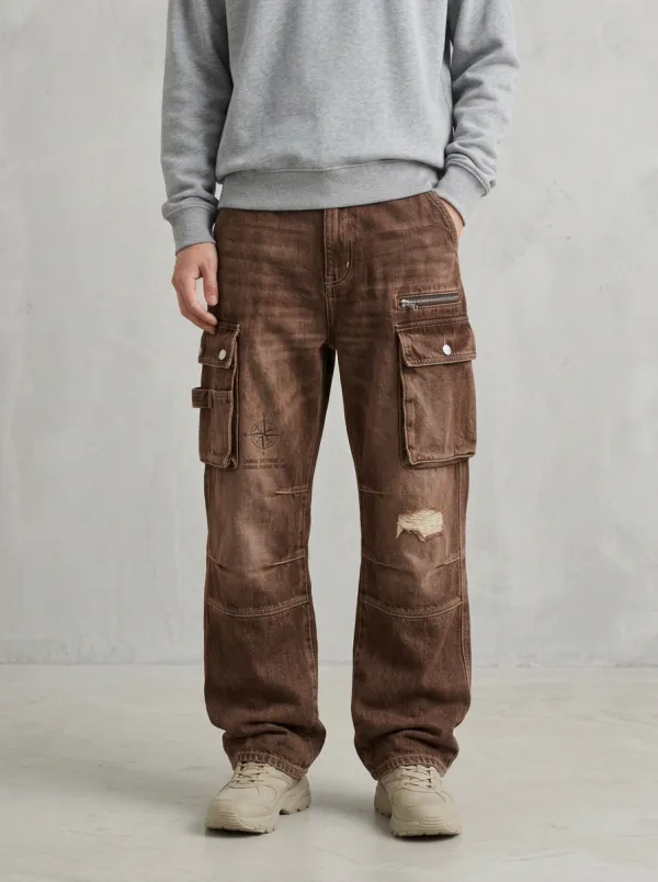 Men's Streetwear Compass Graphic Distressed Printed Cargo Jeans