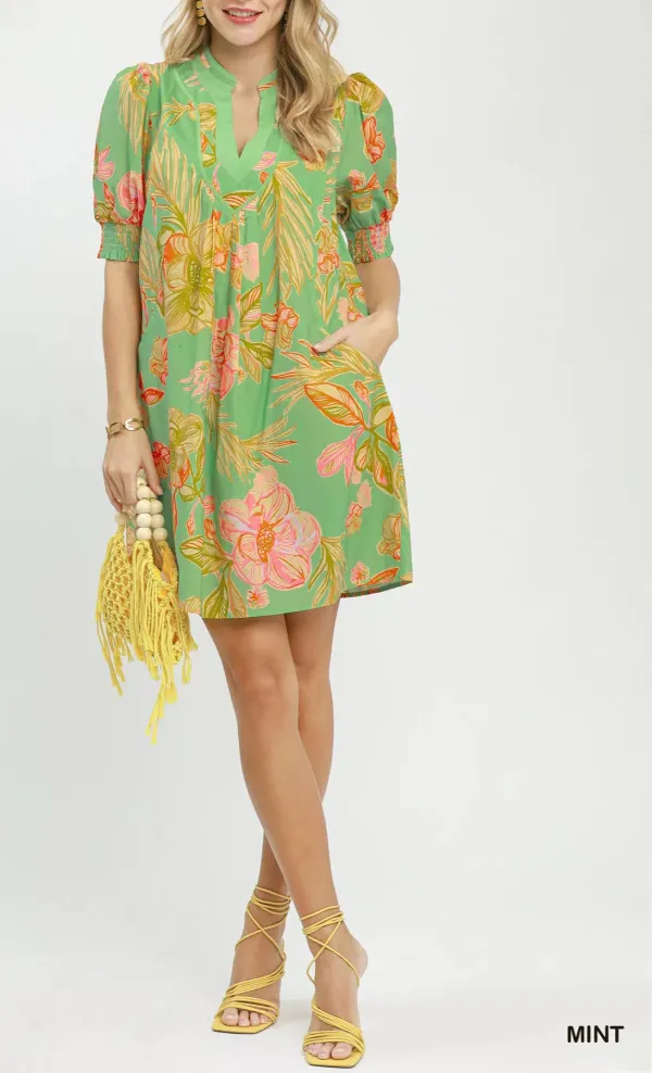 Everyday Botanical Print V-Neck Smocked Pocketed Dress