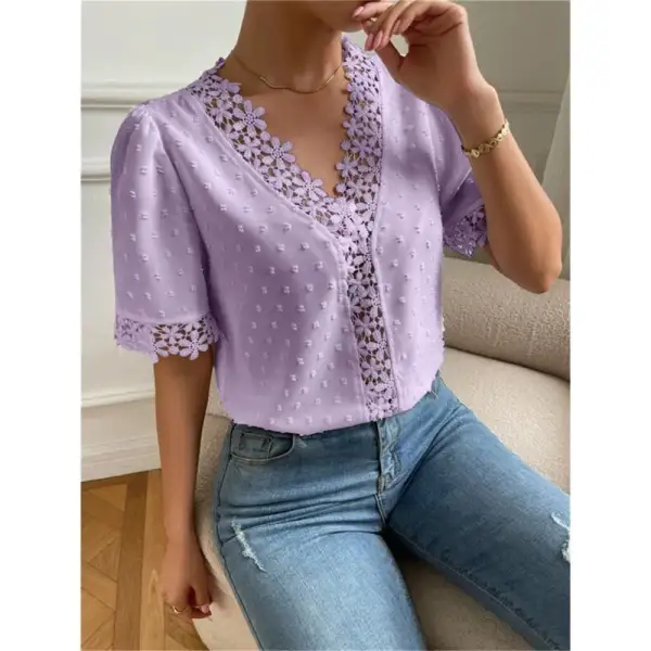 Lace Trim V-Neck Short Sleeve Blouse
