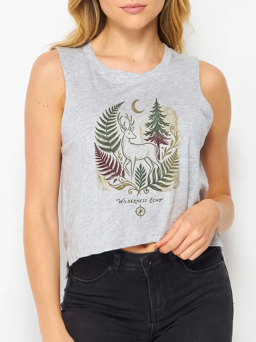 Women's Nature Lover Wilderness Echo Deer Fern Printed Crop Tank Top