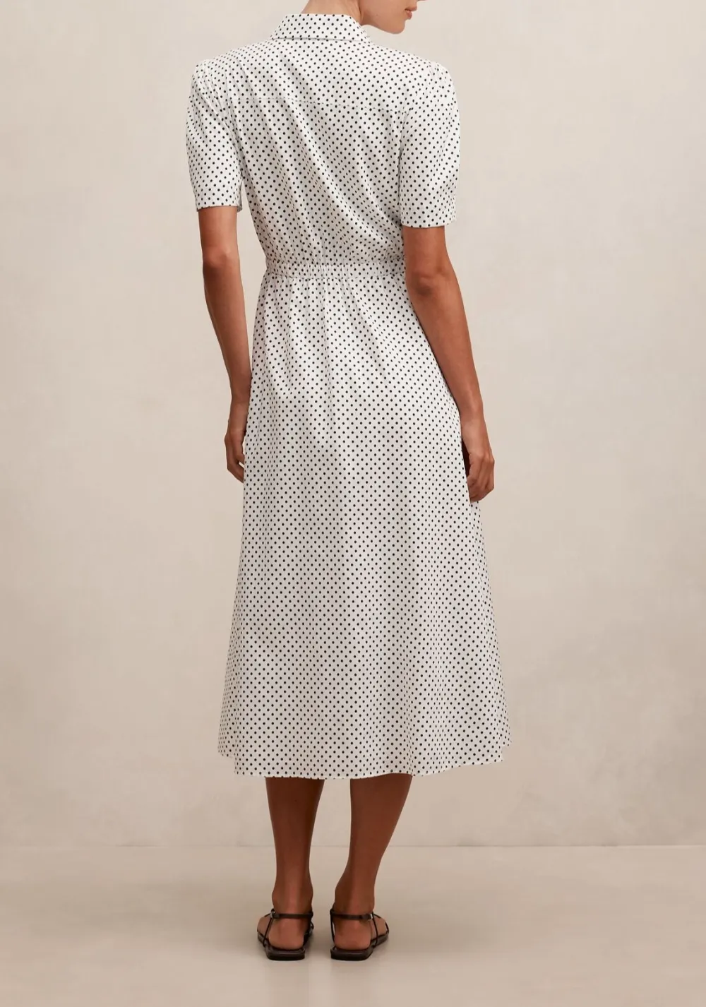 White Black Dot Print Short Sleeve Tie Waist Midi Dress