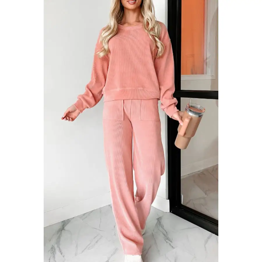 Lightweight Round Neck Long Sleeve Top and Pants Set