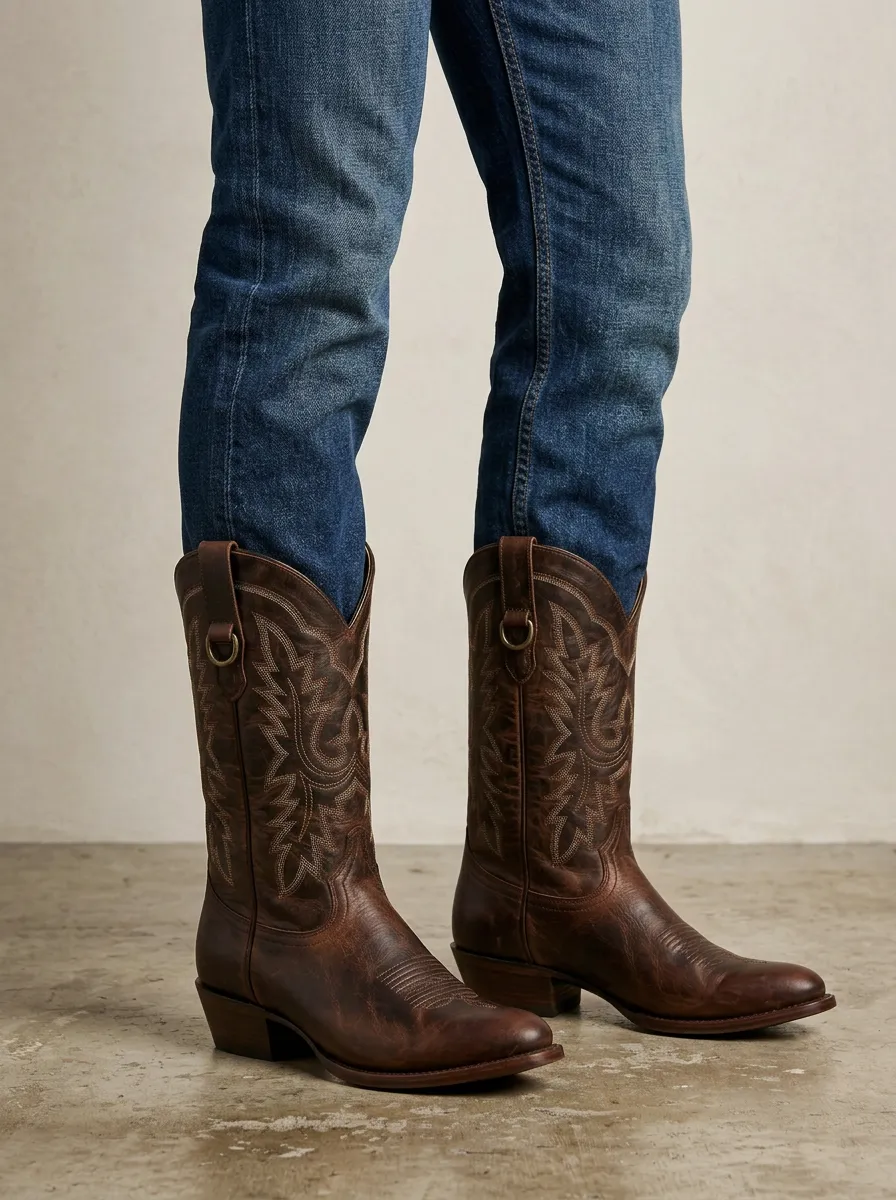 Men's Frontier Western Embroidered Brown Leather Printed Boots