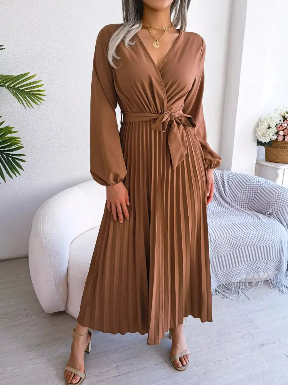 Pleated Long Sleeve Dress Casual