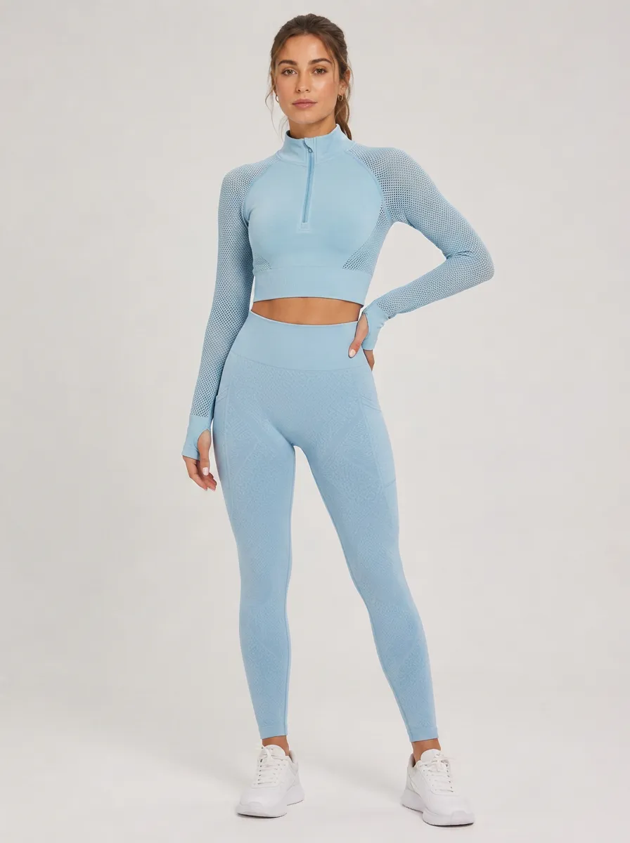 Women's Gym Fitness Blue Mesh Long Sleeve Seamless Yoga Set