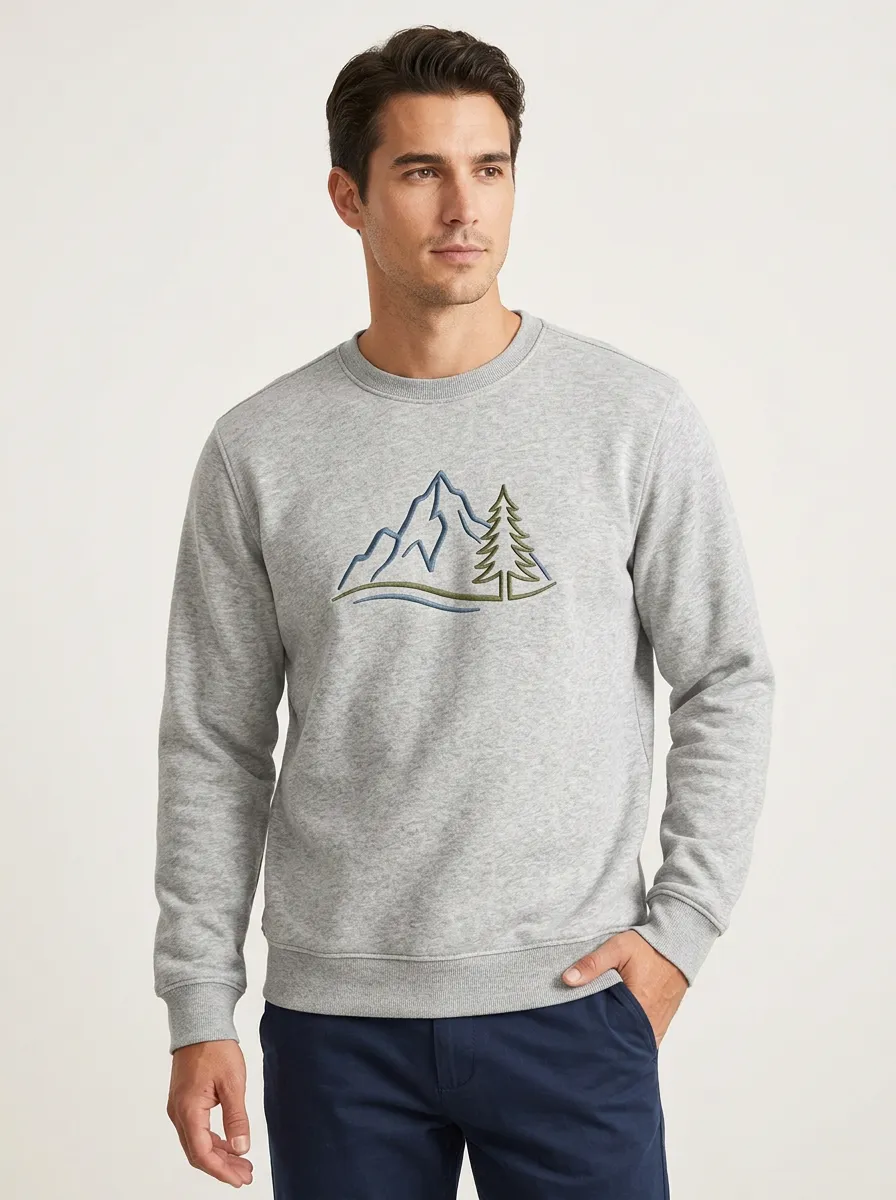 Men's Heather Grey Outdoor Mountain Pine Tree Fleece Sweatshirt