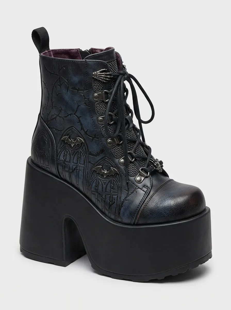 Darkwave Bat Cathedral Embossed Profile Women's Gothic Platform Boots
