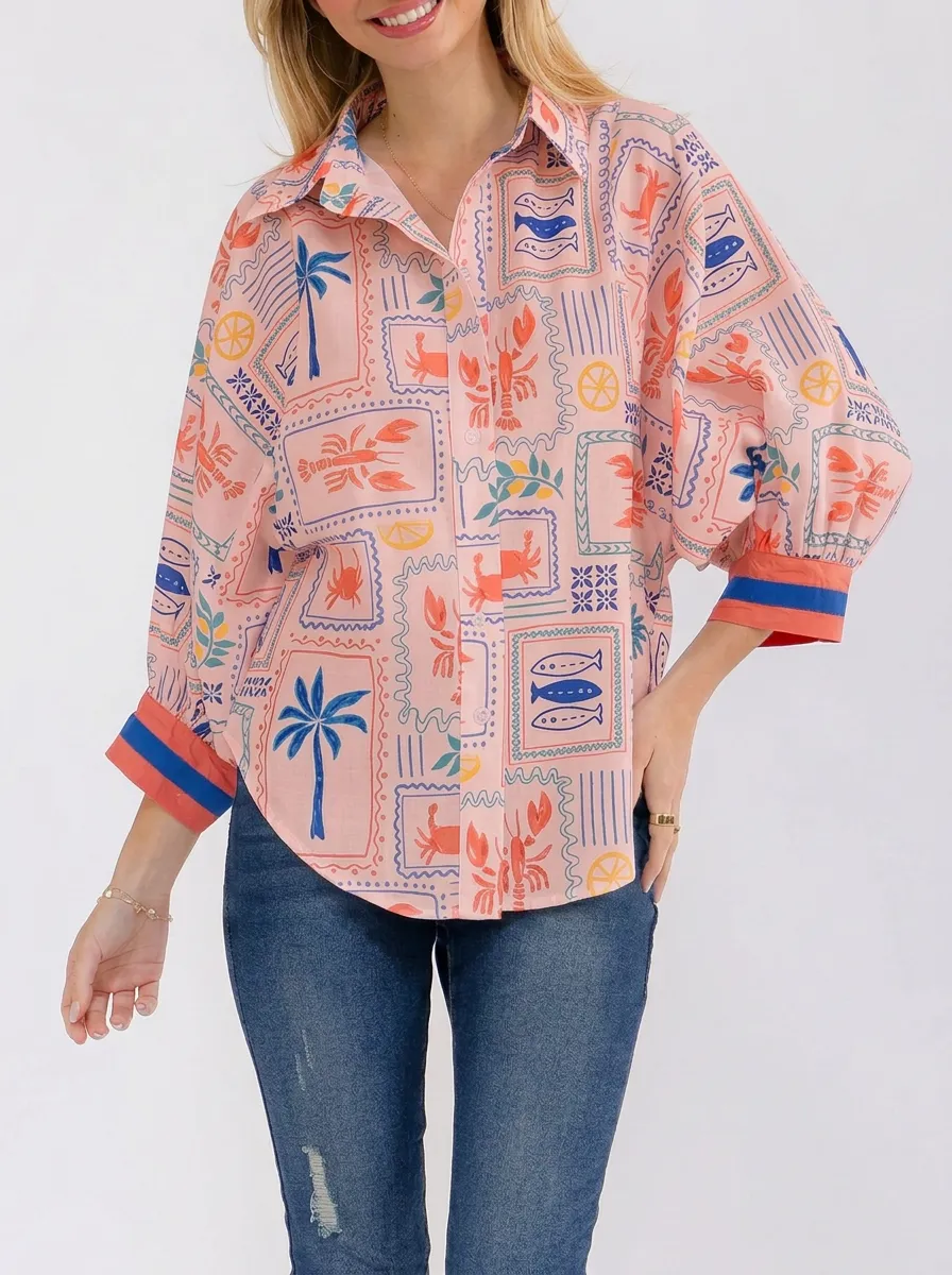 Women's Coastal Summer Lobster Fish Palm Graphic Button-Up Shirt