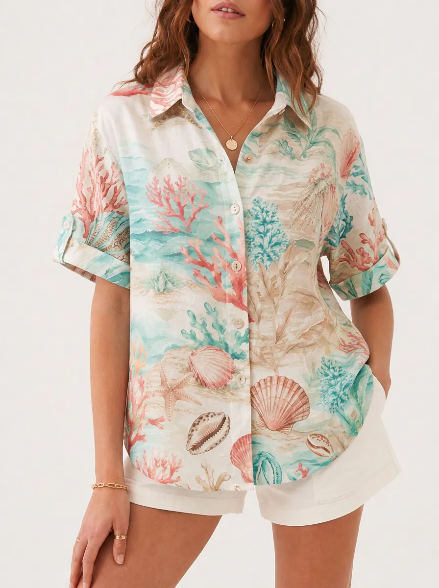 Women's Beach Lover Coral Seashell Printed Button-up Shirt