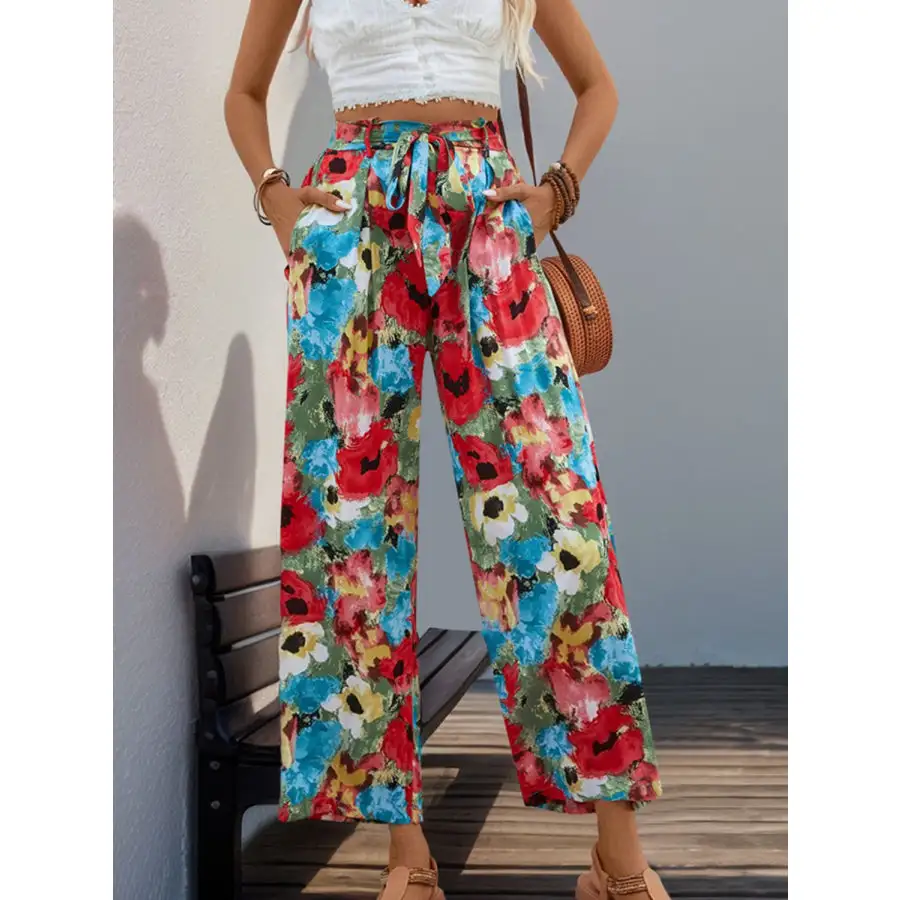 Tied Printed Wide Leg Pants