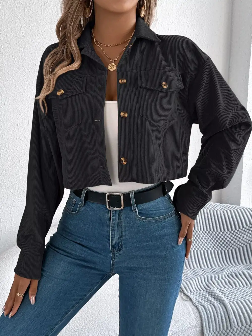 Corduroy Button-up Dropped Shoulder Jacket