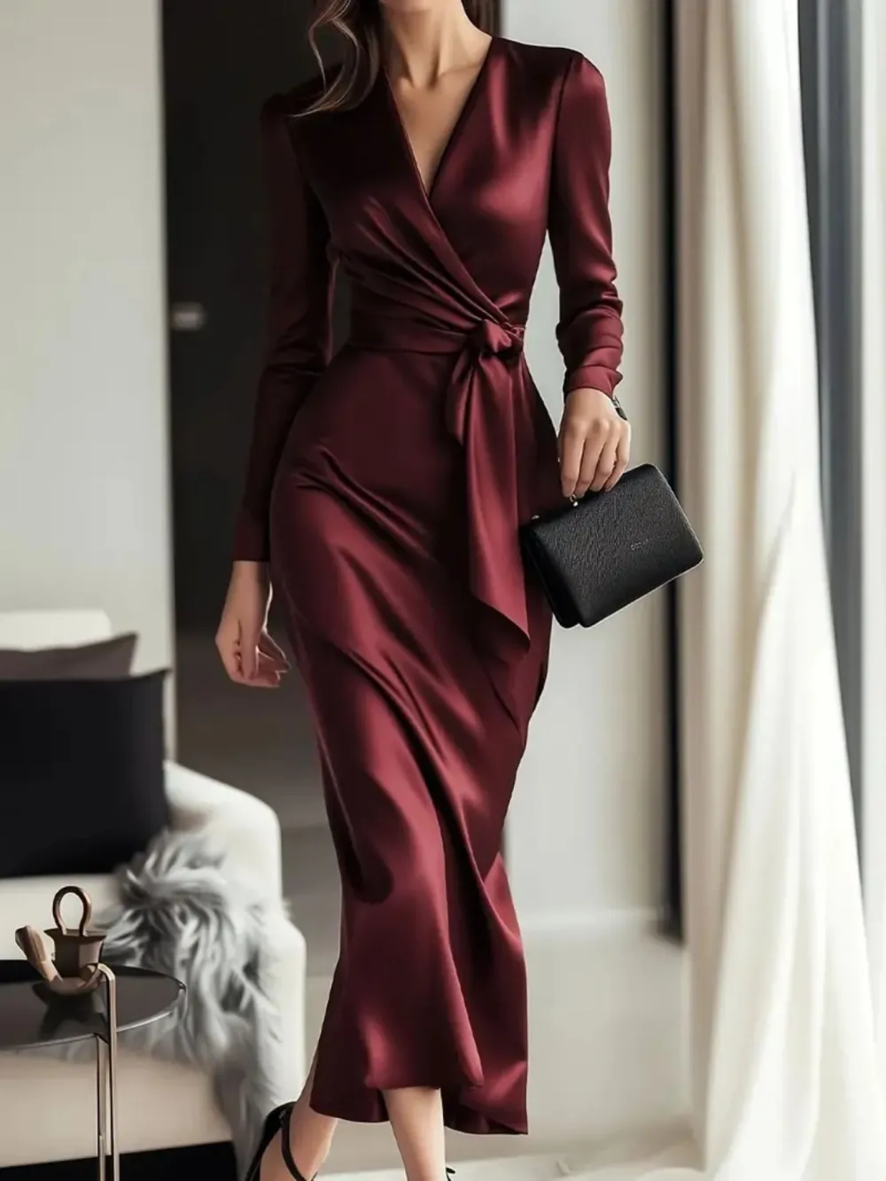 Satin Tie Waist Long Sleeve Dress Casual