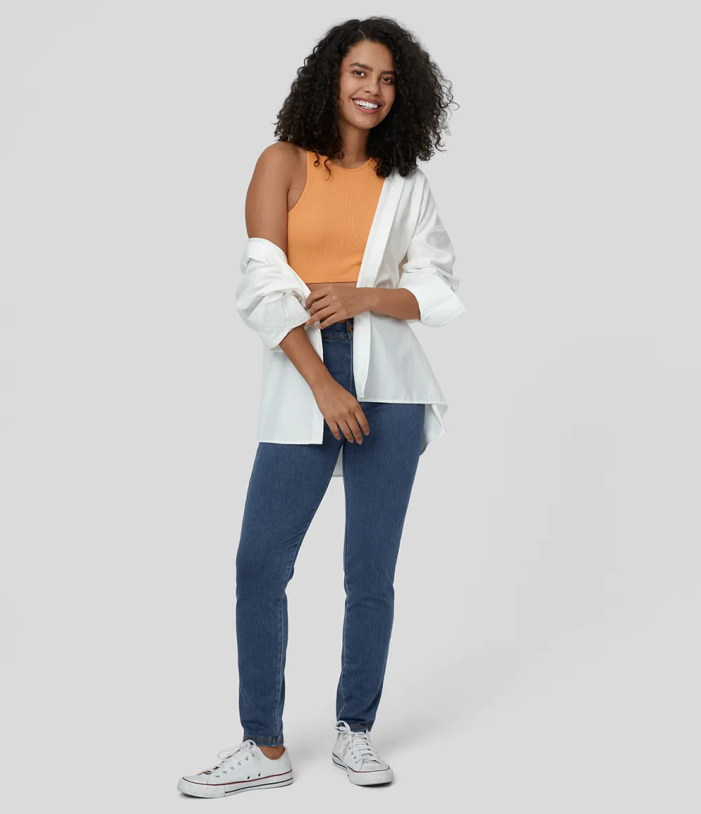 Magic High Waisted Button Zipper Multiple Pockets Stretchy Knit Casual Jeans