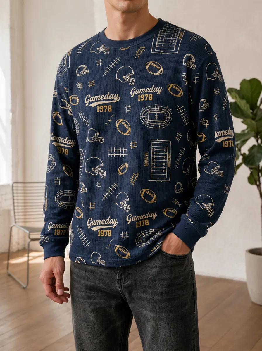 Men's Football Lover Gameday 1978 Pattern Printed Long Sleeve Top