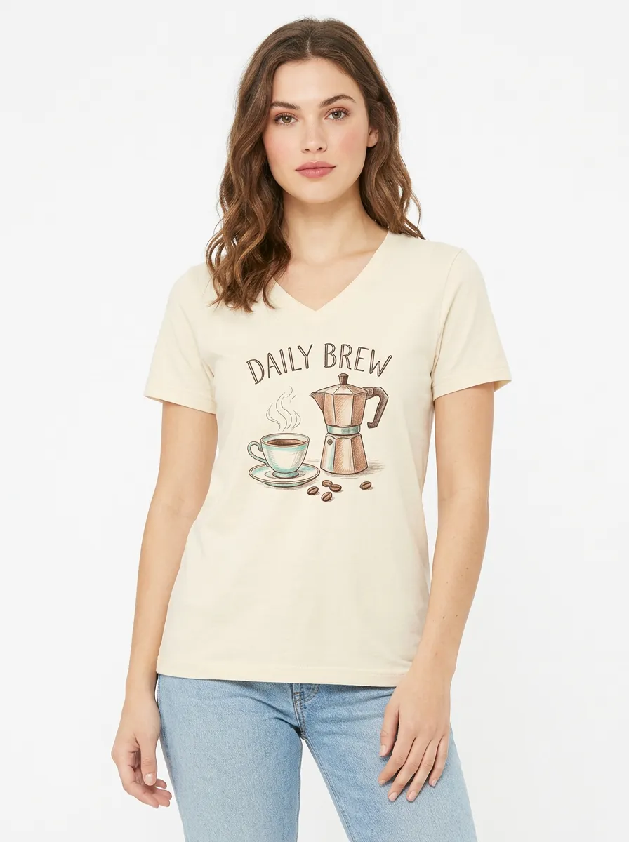 Women's Coffee Daily Brew Moka Pot Graphic V-Neck T-Shirt