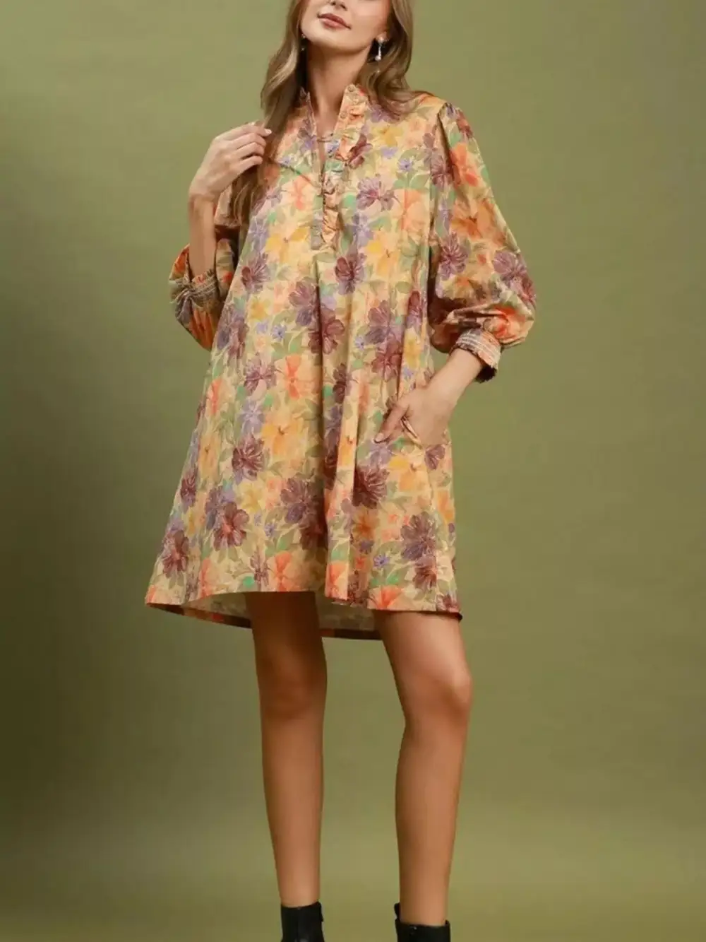 Floral Long Sleeve Short Sleeve Mini Dress