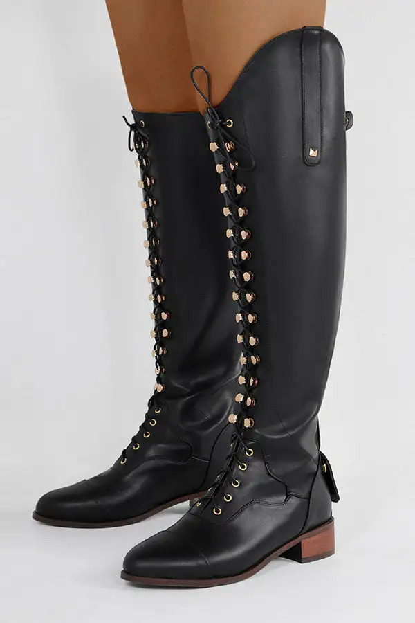 Black Metal Decor Lace-Up Boots